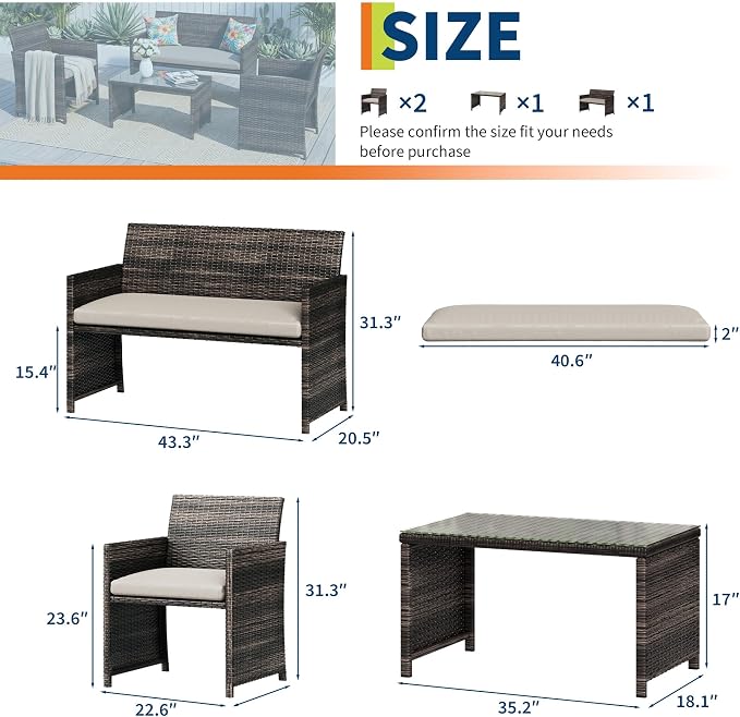Garvee 4-Piece Patio Furniture Set, PE Rattan Outdoor Conversation Set with Cushions & Tempered Glass Table, All-Weather Wicker Patio Table and Chairs Set for Patio, Porch, Backyard, Brown and Beige