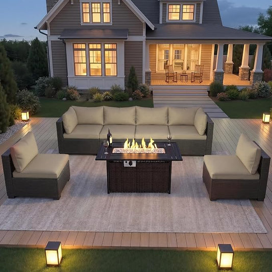 CHABATREE 8-Piece Wicker Patio Conversation Set with 44" Propane Fire Pit Table, Cozy Outdoor Sectional Sofa for Backyard Gatherings, Poolside Lounging & Garden Parties