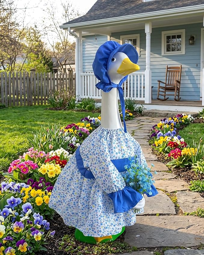 Spring Porch Goose Lady Outfits with Artificial Flowers - 23" Floral Dress Lawn Geese Clothes with Hat, Cute Porch Goose Summer Outfits for Patio Garden Decor, Best Gift for Mom Grandma
