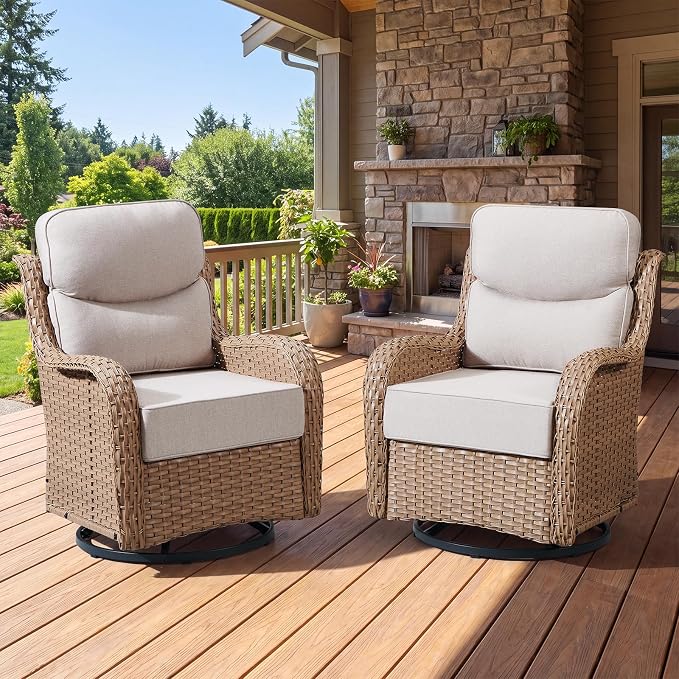 Luxury Outdoor Swivel Rocker Patio Chairs Set of 2 with 6-Inch Thick Cushions, High Back Swivel Patio Chairs Wicker Outdoor Gliders for Porch, Yard, Deck, Poolside, Yellow/Beige