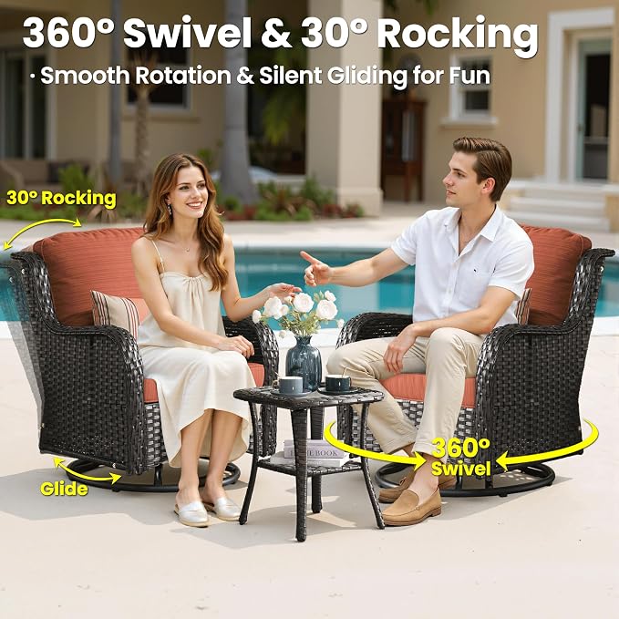 ovios 7-Pieces Patio Furniture Set with 42" Fire Pit Table Swivel Chairs, Outdoor Wicker Sofa Couch Gliders Rocker, High Back Modern Conversation Set, Brown Rattan, Orange Red