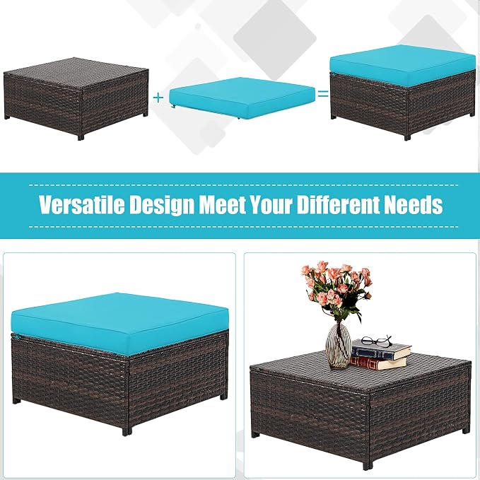 DORTALA 5-Piece Outdoor Patio Conversation Set, Loveseat and 2 Ottoman, Outdoor Sectional Rattan Sofa Set, Multifunctional Rattan Furniture Set Suitable for Backyard Garden Poolside Balcony, Turquoise