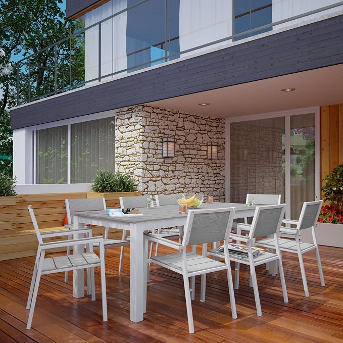 Lexmod Maine 9 Piece Outdoor Patio Dining Set in White Light Gray