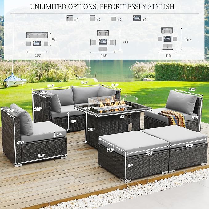BULEXYARD 7 Piece High Back Outdoor Sectional Set with Fire Pit Table, Wicker Patio Furniture Set Weather-Resistant, Modular 6-Person Couch Sofa Comfortable Wide Deep Seats for Backyard, Light Grey