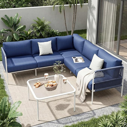 Jocoevol 6-Piece Outdoor Patio Furniture Set - L-Shaped Sectional Sofa with Side Table & Thick Cushions - All-Weather Metal Conversation Set for Backyard, Garden, Balcony