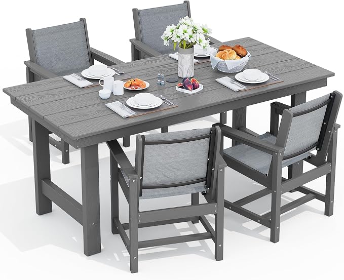 SERWALL 5 Pcs HDPE Patio Dining Set with 1 Table & 4 Woven Chairs, Black | HDPE Outdoor Dining Set with Rectangular Table & 4 Woven Chairs, All-Weather Patio Dining Furniture