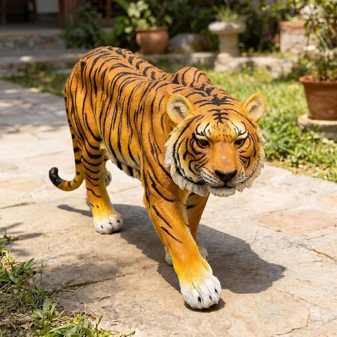 33" Large Tiger Garden Statue, Orange with Black Stripes | Fierce Walking Tiger Sculpture, For Outdoor Patio & Pool Area, Hand-Painted