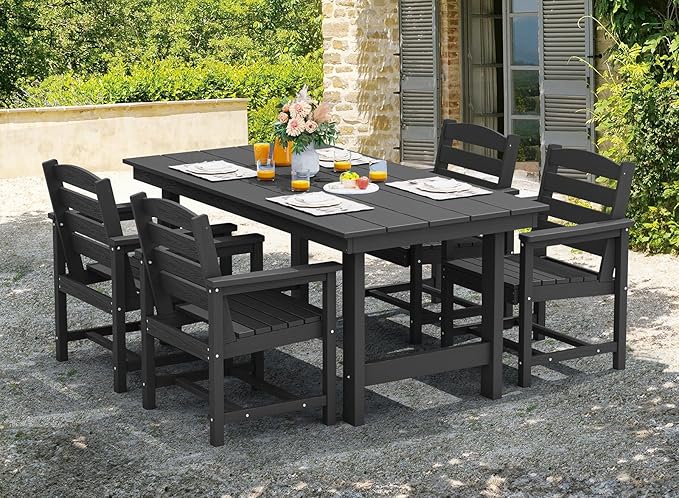SERWALL 5 Pcs HDPE Patio Dining Set w/Umbrella Hole Table & 4 Chairs, Black | HDPE Outdoor Dining Set with Rectangular Table & 4 Chairs, All-Weather Patio Dining Furniture