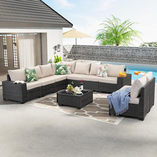 10 Pieces Patio Furniture Set, Wicker PE Rattan Outdoor Sectional with Cushion & Coffee Table, Patio Conversation Sofa for Garden, Backyard, Poolside, Beige