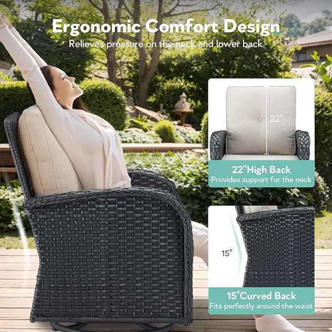 6 Piece Patio Furniture Set - Wicker Patio Conversation Set with Swivel Glider, 3-Seater Sofa, Tempered Glass Side Table and 2 Ottomans for Deck Backyard - Black Wicker Beige Cushion