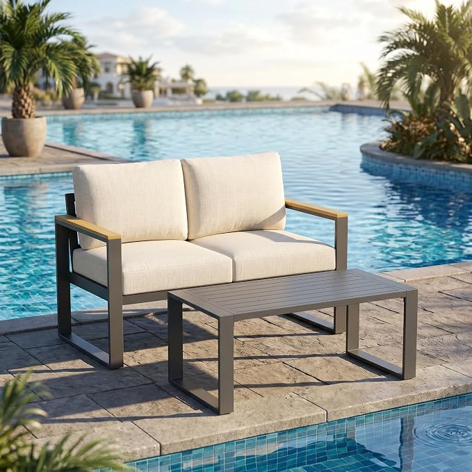 Aluminum Patio Loveseat and Coffee Table Set - Modern All-Weather Outdoor Furniture - Washable Thick Cushions - Rust Resistant, Easy Assembly - Ideal for Balcony, Garden, Deck, Backyard - Beige