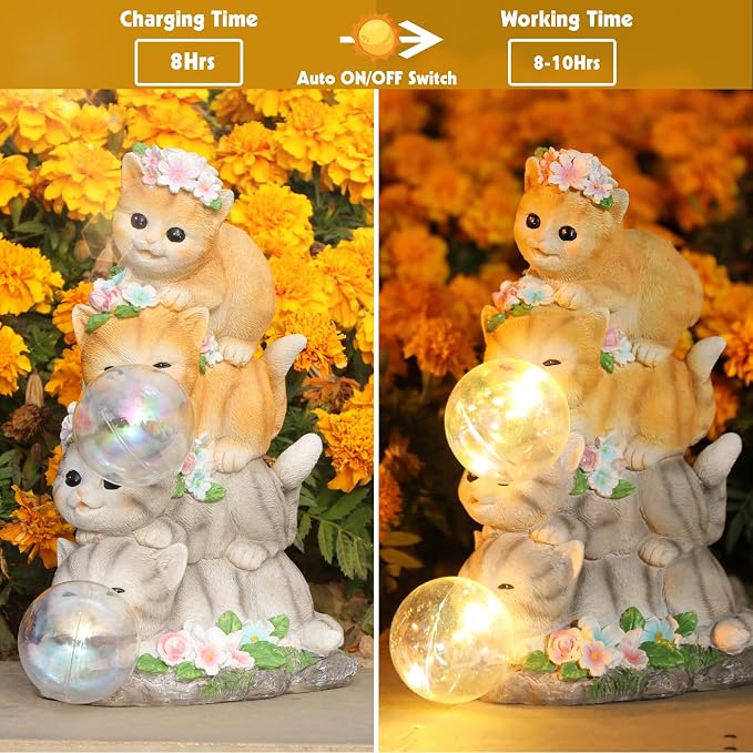 Cat Garden Statue, Orange Cats with Bubble Solar Lights, Cat Lovers Gifts | Stacked Cats Solar Lantern Lights, Lawn Ornaments for Outside Clearance, Yard, Patio, Porch Decor and Gardening Gift