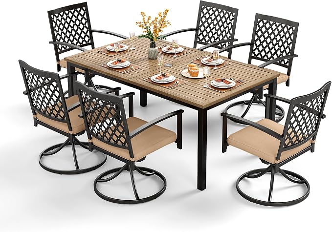 PHI VILLA Patio Dining Set for 6, Swivel Chairs& Wood-Like Table Table | 65" Rectangle Metal Wood-Like Steel Table&Swivel Wrought Iron Chairs,Outside Furniture Set for Patio, Deck, Yard, Porch