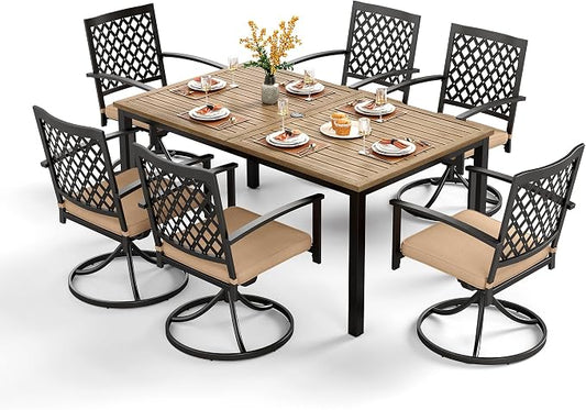 PHI VILLA Patio Dining Set for 6, Swivel Chairs& Wood-Like Table Table | 65" Rectangle Metal Wood-Like Steel Table&Swivel Wrought Iron Chairs,Outside Furniture Set for Patio, Deck, Yard, Porch