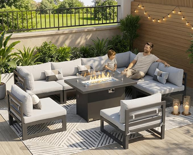BULEXYARD 9 Piece Oversized Modular Outdoor Furniture Set with Fire Pit Table, 29" Deep Wide Sectional Seating, Heavy Duty Aluminum Frame for 500 lbs, Patio Conversation Set for Poolside, Light Gray