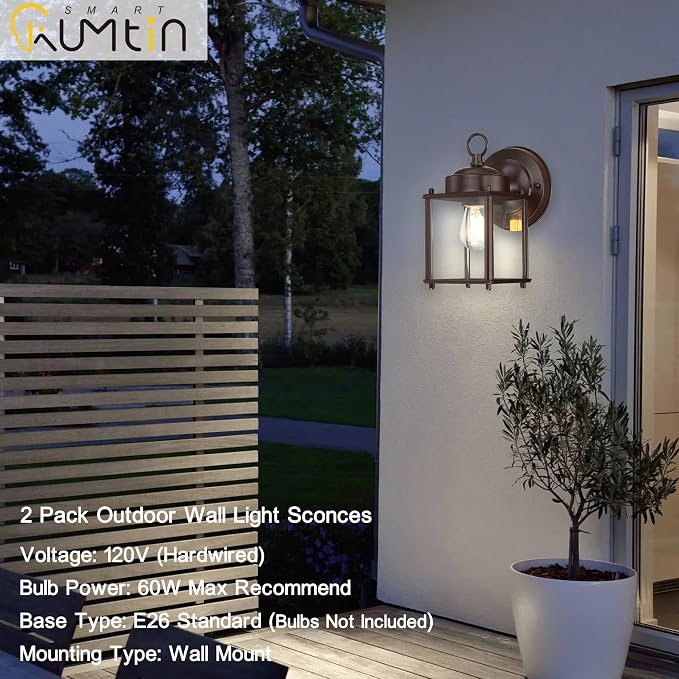 Outdoor Wall Light, Porch Lamp, Rustproof Waterproof, Bronze | Exterior Wall Sconce Fixture for House, Garage, Patio, Metal Housing with Glass, E26 Base, 4 Pack