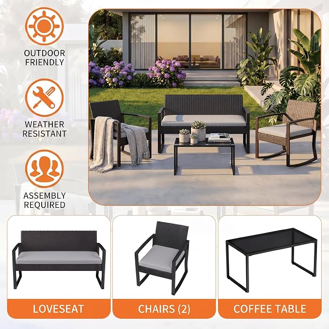 IDEALHOUSE Outside Patio Furniture Set, 4 Piece Outdoor Wicker Rocking Chair Conversation Set with Glass Coffee Table, PE Rattan Patio Furniture for Backyard, Porch, Patio, Poolside