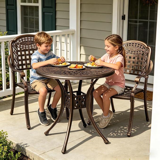 34.5" Outdoor Bistro Table - Round Cast Aluminum Small Patio Side Tables, Outdoor End Table All Weather Furniture with Umbrella Hole and Antique Design for Balcony Yard Porch Garden Bronze