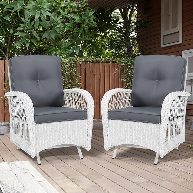 MEETWARM Patio Wicker Rocking Glider Set, All-Weather Outdoor Rattan Patio Rocking Chairs of 2, Patio Conversation Set with Thickened Cushions for Garden Porch & Backyard, White Wicker/Grey