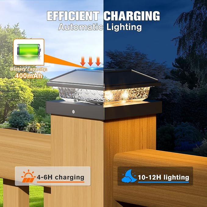 Solar Post Cap Lights,4x4 Post Solar Lights,Warm White,6 Pack Black | Fence Post Solar Lights for 4x4 Post Caps Wood Vinyl, IP64 Waterproof Solar Post Lights Outdoor, Solar Deck Post Lights