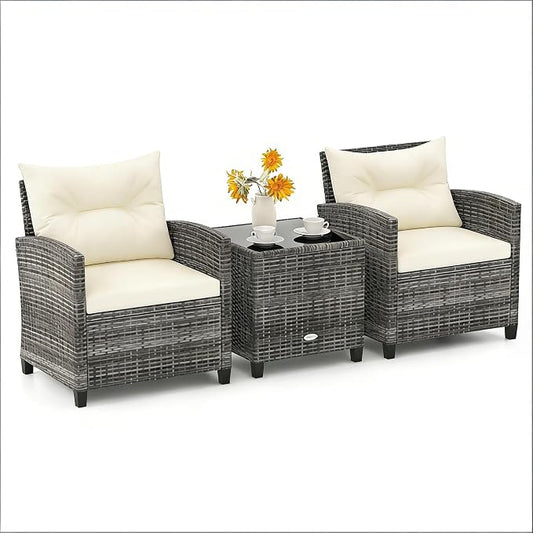 ORALNER 3 Pieces Patio Furniture, Outdoor Wicker Conversation Set Chairs with Soft Cushions and Glass Coffee Table, Mix Gray Rattan Bistro Set for Balcony Garden Deck Front Porch Poolside (White)