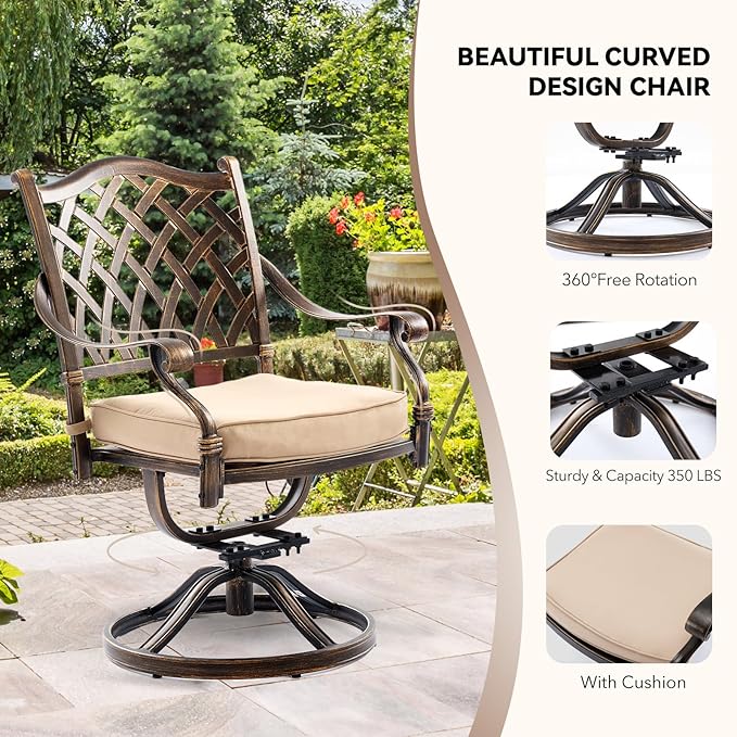 7 Piece Outdoor Dining Set Cast Aluminum Furniture Set，Retro Patio Dining Set for 6 Includes 59” Table and 6 Swivel Chairs with Cushions and 2" Umbrella Hole for Patio Deck Garden Poolside