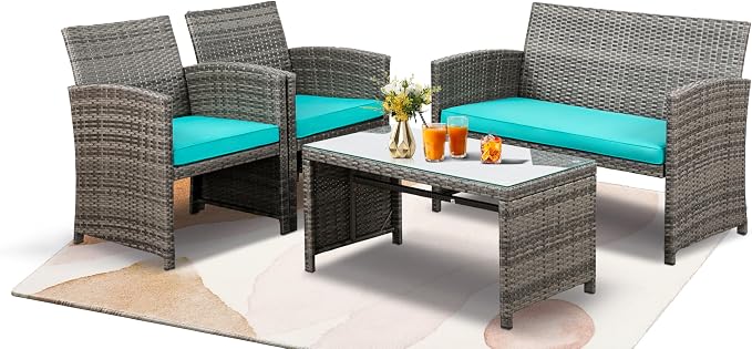 SUNLEI 4-Piece Outdoor Patio Furniture Set, Rattan Chair Wicker Conversation Set, Backyard Porch Garden Poolside Gray Rattan Sofa Set r with Cushion for Outdoor Indoor Use (Sky Blue)