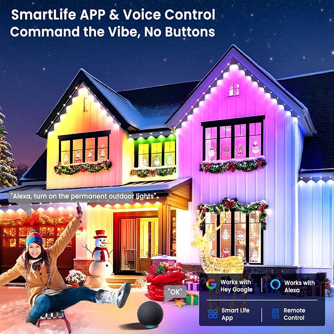 Smart Permanent Outdoor Lights for House, 100ft with 60 RGB Permanent Christmas Lights, P67 Waterproof with DIY Scene for Halloween Christmas Decor, Remote Control, Work with Alexa,Google Assistant