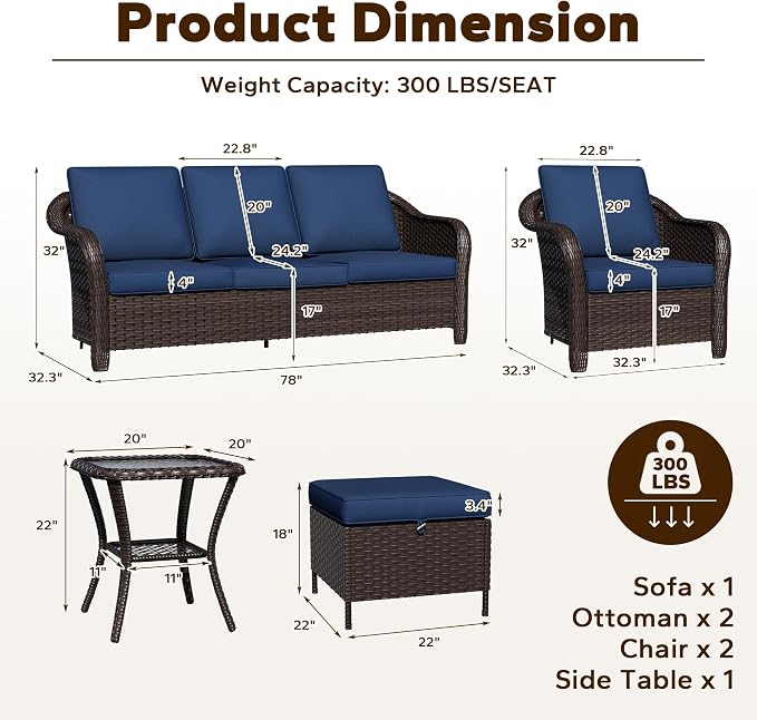 6 Piece Patio Wicker Conversation Set, All-Weather Use Outdoor Wicker Sofa with 2 PE Rattan Ottomans,2 Chair, 1 Side Table, Ideal for Porch, Backyard, Balcony, Poolside, Blue