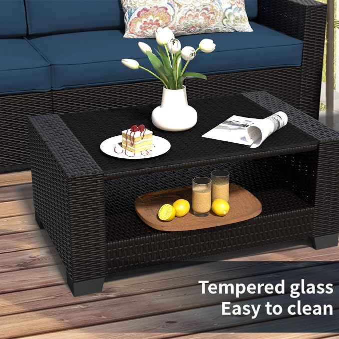 SHGJ&SOFT 7 Piece Outdoor Patio Furniture Set, Wicker Outdoor Sectional Sofa with Washable Cushion Covers and Tempered Glass Table, Rattan Conversation Set for Poolside,Balcony, Porch, Garden