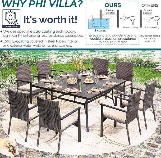 PHI VILLA 9 Pieces Square Outdoor Dining Table Set for 8, 57” Large Metal Steel Dining Table & Rattan Wicker Chairs with Cushions, Dining Furniture Set for Patio, Deck, Yard, Porch