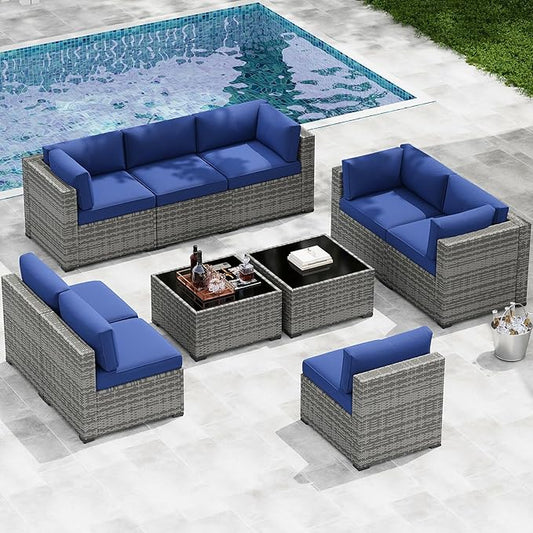 LazySunsets 10-Piece Patio Furniture Set, Wicker Rattan Outdoor Furniture with Thick Cushions, Patio Conversation Sets with Coffee Table, Outdoor Sectional Couch Sofa, Blue