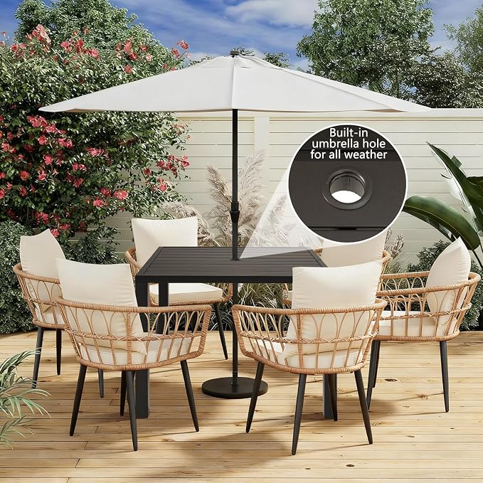 Domi Outdoor Dining Table for 4, Rectangular Metal Patio Table with Umbrella Hole for Deck Garden Lawn Backyard Use, Brown