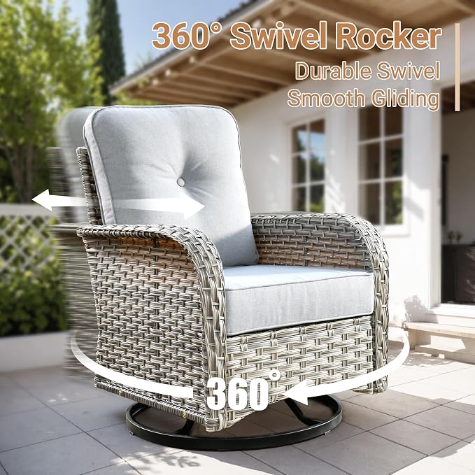HOOOWOOO Sectional Patio Furniture Set with Fire Pit Table,10 Pieces Wicker Outdoor Furniture L Shaped Couch,Outside Conversation Set Extra Deep Seat Sofa Wide Arm Swivel Chairs Solar Table,Gray