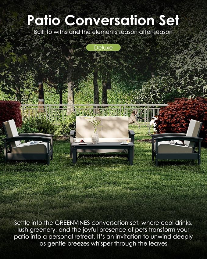 GREENVINES Deluxe 4-Piece Patio Furniture Set | HDPE Plastic | Outdoor Sectional Conversation Sets | All-Weather Couch | Sofa with Coffee Table | Black Frame w/Beige Cushion | for Porch Lawn | Gray