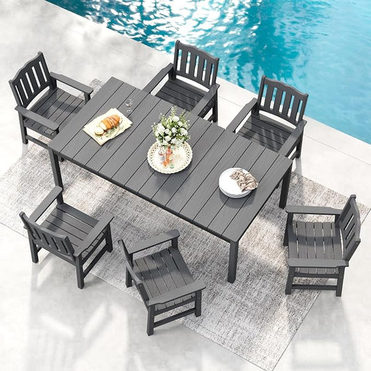 Stoog All-Weather Patio Dining Sets, 7 Pieces Patio Dining Table with Umbrella Hole, Waterproof Aluminum Frame Dining Table with 6 Outdoor Chairs Set, Low Maintenance, Grey
