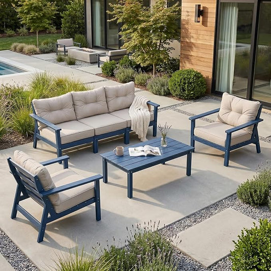 HDPE Patio Conversation Set 5 Seats, Outdoor Furniture Set, Patio Sofa Set | Water-Resistant Thick Cushion, HDPE All Weather, Wood-Grain, No Rot or Rust or Crack, UV Fade Shield, Easy-Clean for Outside