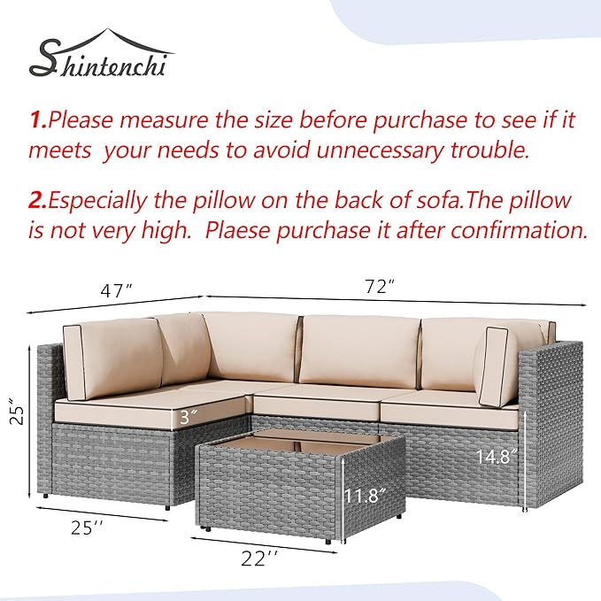 5 Piece Outdoor Patio Furniture Set,Silver PE Rattan Wicker Sectional Sofa, All Weather Conversation Set with Washable Cushions & Glass Coffee Table for Backyard Poolside Garden Porch,Khaki