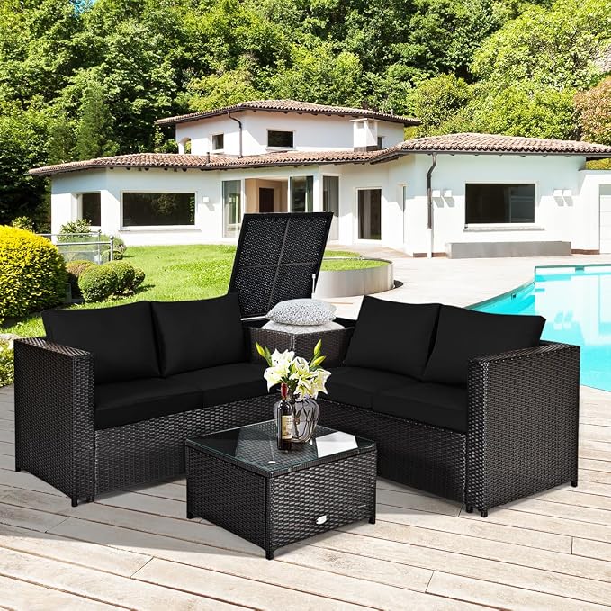 HAPPYGRILL 4 Pieces PE Rattan Wicker Conversation Set Outdoor Patio Furniture Sofa Set with Storage Box and Tempered Glass Coffee Table for Backyard Garden Porch