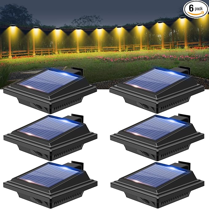 Gutter Solar Patio Decor Lights, 40 LED Deck Outdoor Waterproof Fence for Wall Backyard Porch, Pool, Step Stairs, Yard, Garden, Pathway (6 Pack-Black, Warm White)