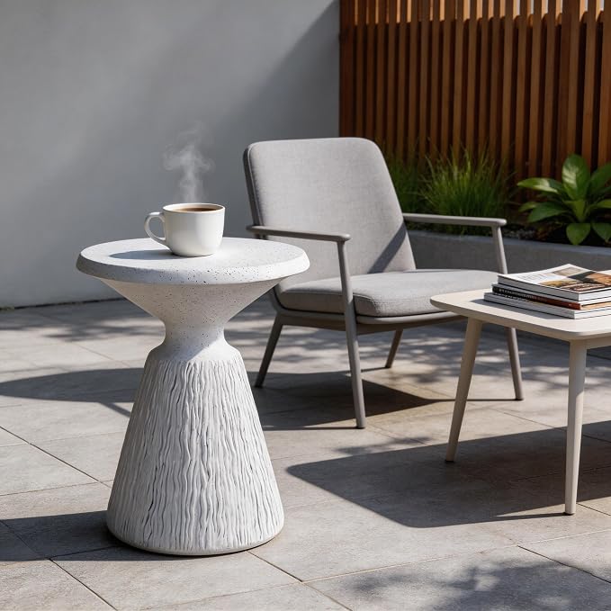 Cement Outdoor Side Tables for Patio, Garden Accent Table Faux Terrazzo End Table, Modern Small Round Side Table for Outside, Tree Stump Garden Stool Drum Table Indoor and Outdoor 16.73"*21.26" White