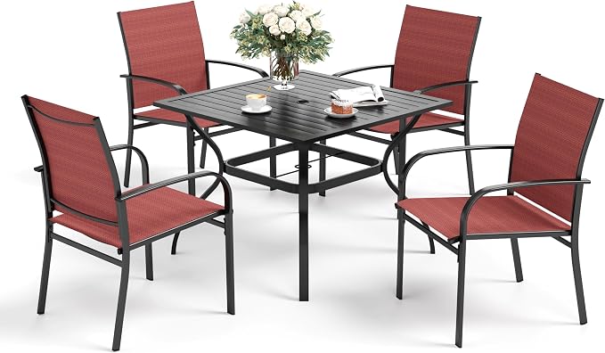 SUNSHINE VALLEY 5 Piece Patio Dining Set for 4, 37”x37” Square Table with Umbrella Hole, 4 Metal Red Chairs, Outdoor Table and Chairs Set for Lawn Backyard and Deck