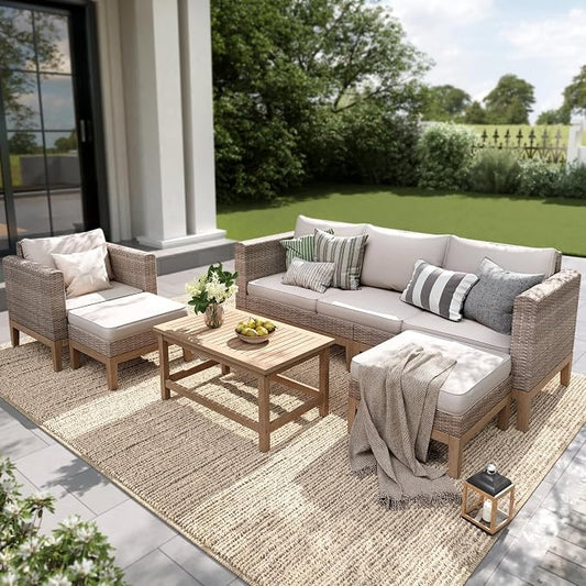 PHI VILLA All Weather Wicker Patio Furniture Sets, 5 Pieces Outdoor Natural Rattan Sectional Sofa Conversation Set with Acacia Wood Coffee Table & Waterproof Cushions, 2 Ottomans for Apartment Balcony