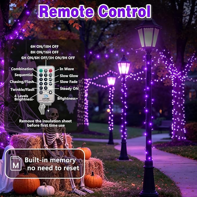 Halloween Lights Outdoor 165FT 500 LED Twinkle String Lights Remote Purple | 8 Modes, 3 Timer Settings, Memory Function, Waterproof Twinkle Lights Plug in, Indoor Outdoor Halloween Horror Party Decor