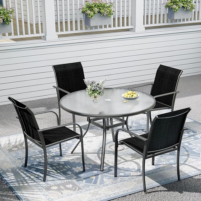 Outdoor Patio Set, 40" Round Glass Dining Table and 4pcs Stackable Chairs, All-Weather Patio Furniture Set with 1.7" Umbrella Hole for Garden Backyard Lawn Poolside