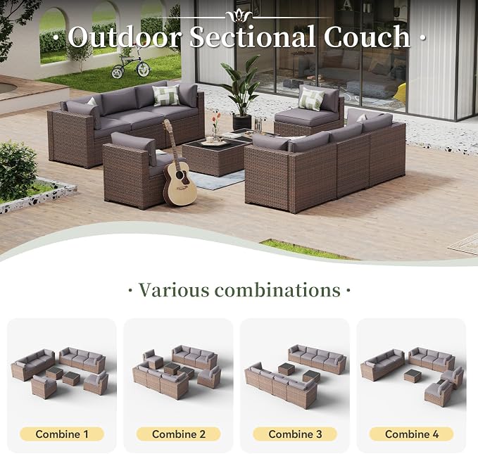 Aoxun 10 Piece Patio Furniture Set Wicker Rattan Patio Conversation Set Outdoor Sectional Sofa Set with Coffee Table and Thickened Cushions, Gray