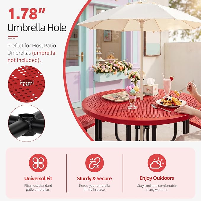46" Outdoor Round Perforated Picnic Table Metal Camping Table with Umbrella Hole - Heavy Duty Steel Mesh Picnic Bench Set for Backyard Garden Deck, Red