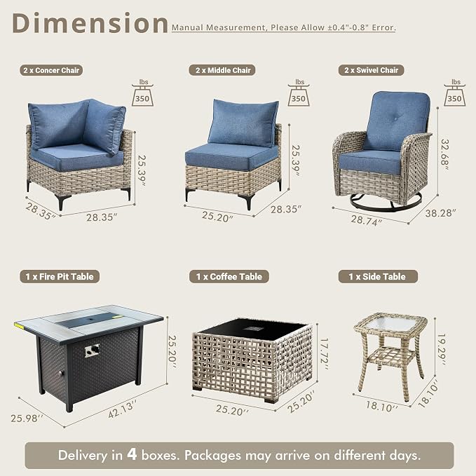 9 Pieces Patio Sectional Furniture Set, Outdoor Wicker Sectional Couch with Firepit Swivel Rocker Chairs Solar Lights Table, Modern Conversation Set for Porch Balcony Backyard, Denim Blue