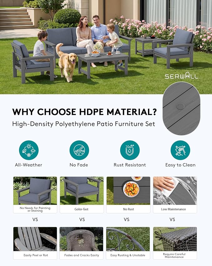 SERWALL HDPE Outdoor Couch with Coffee Table & Side Table & 15FT Umbrella