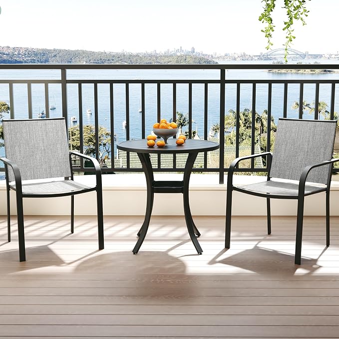 Anmutig 3-Piece Outdoor Dining Set, Small Metal Bistro Table with 2 Stackable Sling Chairs, 27.5 x 27.5 Inch Round Table, Grey Fabric
